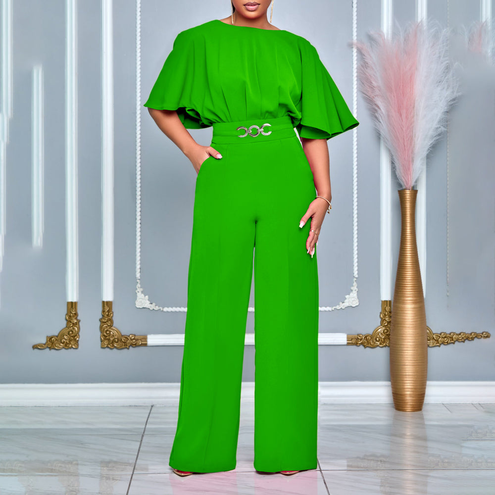 D3276  cross-border european and american women's summer fashion round neck solid color high waist plus size african wide leg jumpsuit
