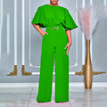 D3276  cross-border european and american women's summer fashion round neck solid color high waist plus size african wide leg jumpsuit