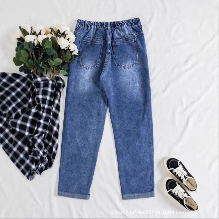 new arrivals: plus-size women's daisy patchwork denim jeans with frayed hem and distressed details - perfect for , , and european & american markets