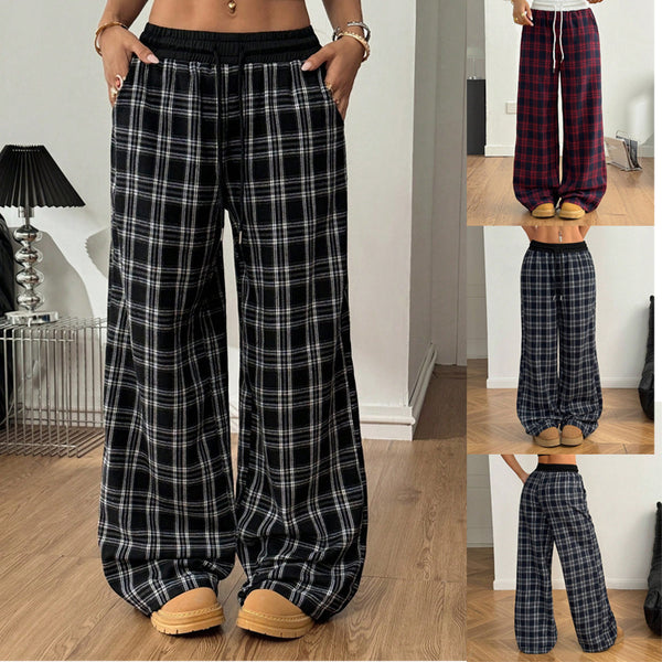 2025  Europe, America,  loose lazy style straight plaid splicing high waist drape casual sweatpants