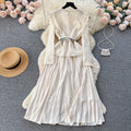 French chic dress - premium quality, heavily beaded, metal buckle, square neck, lace trim, pleated fairy dress