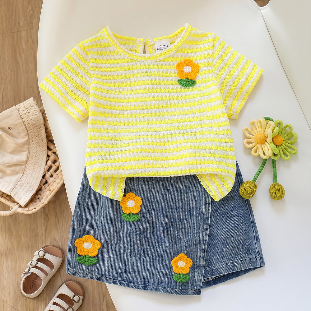 Baby clothing kids set children outfit yellow short-sleeved t-shirt + blue short
