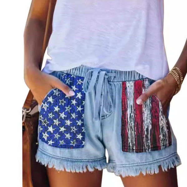 European and American  high-waisted drawstring fringed denim shorts for women