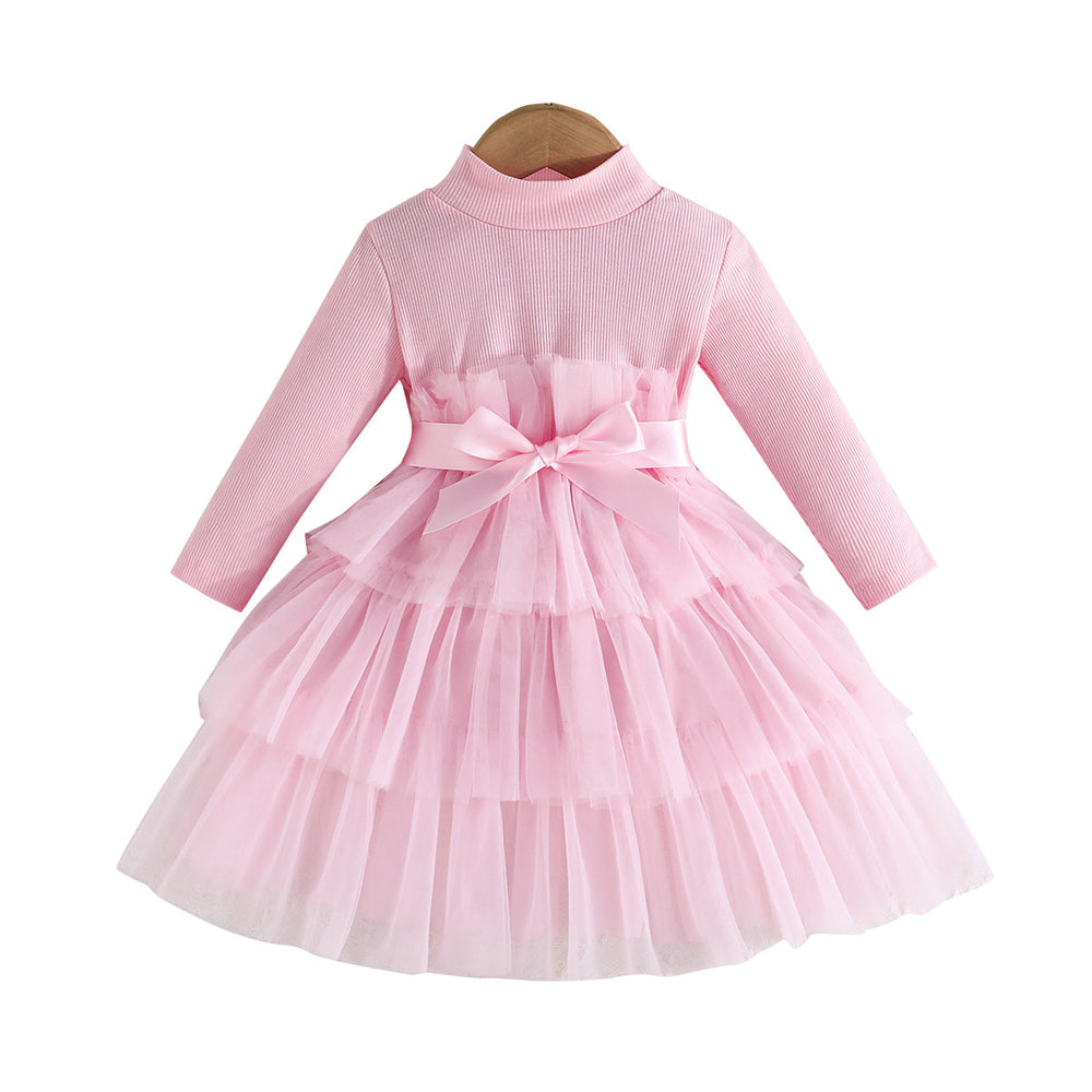 spring/autumn new arrival: cute and elegant long-sleeved turtleneck solid color tiered dress with mesh overlay for baby girls - princess style