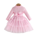 spring/autumn new arrival: cute and elegant long-sleeved turtleneck solid color tiered dress with mesh overlay for baby girls - princess style