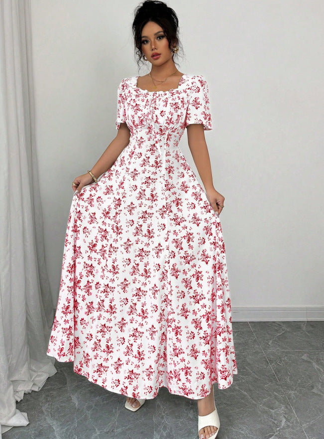 european and american new style black and white large leaf print square neck midi dress with drawstring waist and short sleeves