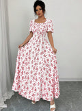 european and american new style black and white large leaf print square neck midi dress with drawstring waist and short sleeves