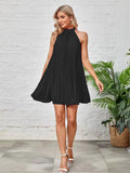 Amazon women's  new spring solid color ruched sleeveless stand collar bow tie elegant dress