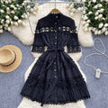 French retro court style dress - elegant stand collar pearl single-breasted hollow-out lace patchwork gown for women