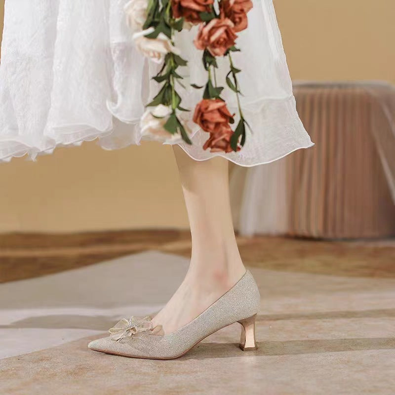 Wedding shoes for women, he xiu wedding dress, two-wear champagne color bridesmaid shoes, french thick-heeled high heels that can be worn on a daily basis