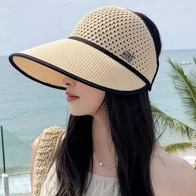 Summer new big brim, small face can be tied ponytail sun hat, face covering sun hat, straw woven hollow hat