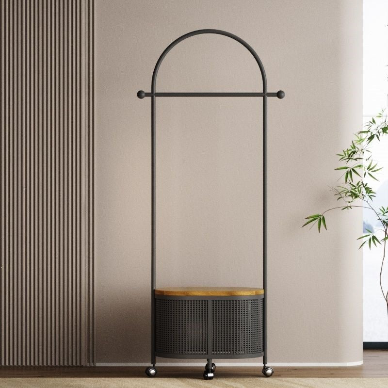 Bedroom floor-standing secondary net clothes hanger, small clothes hanger with dirty clothes basket, movable coat rack, round frame black