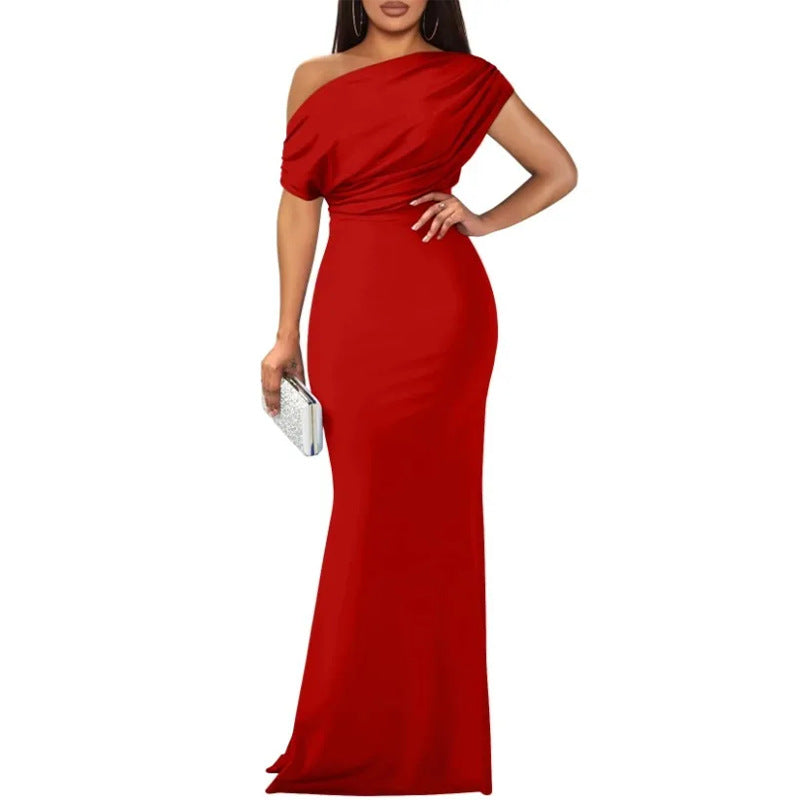 cross-border e-commerce dress: new summer women's fashionable one-shoulder solid color pleated waist dress