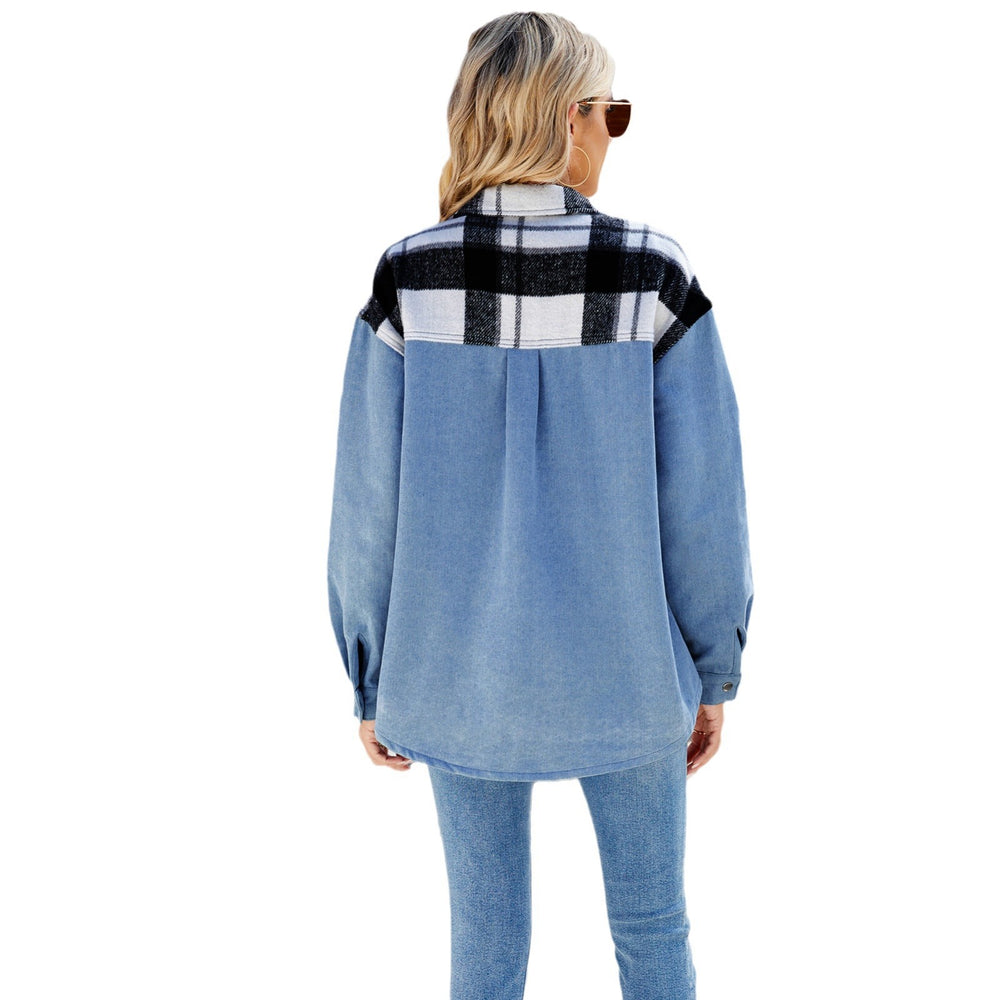 European and american style women's clothing cross-border e-commerce new arrival  independent website washed black and white plaid casual denim long sleeve jacket