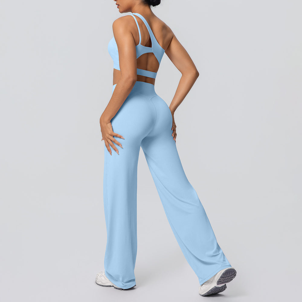 fashion double-sided nylon brushed single-shoulder yoga suit sports running fitness wide-leg two-piece set for women