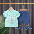 Girls' summer outfit  new kids' cartoon letter short sleeve rainbow pony casual denim two-piece set