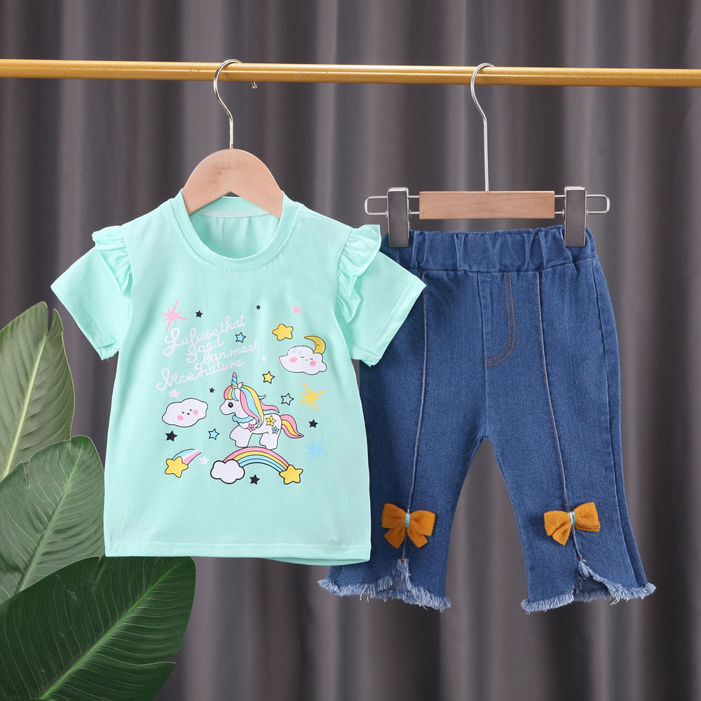 wholesale children's clothing: new girls' summer outfit set - unicorn print short-sleeve t-shirt & soft denim shorts - in stock