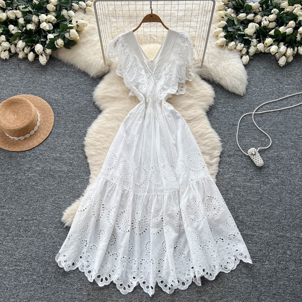 Vintage court style flutter sleeve dress - women's summer hollow-out crochet, high-end design, elegant socialite, light luxury maxi dress