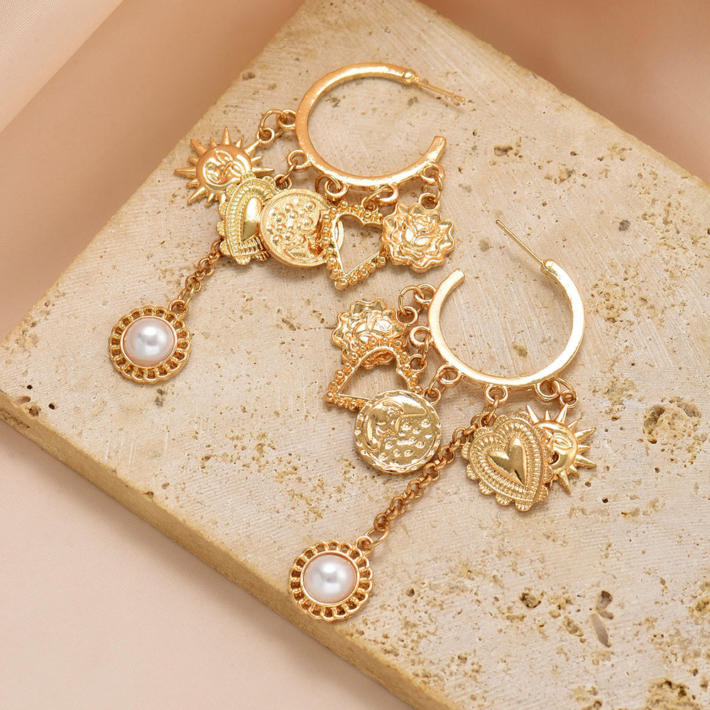 Wholesale big hoop earrings - european & american style, alloy sun & heart charms, light luxury, high-end pearl tassel earrings