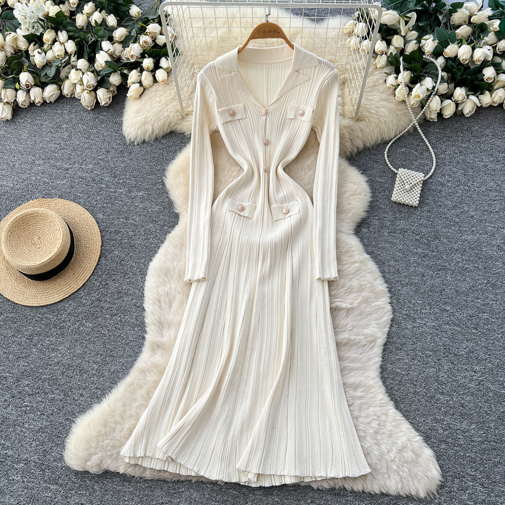 Frenchclassyretro lapel long sleeves metal buckle silmslimming lookelegant vertical pattern knittingdress