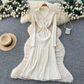Frenchclassyretro lapel long sleeves metal buckle silmslimming lookelegant vertical pattern knittingdress