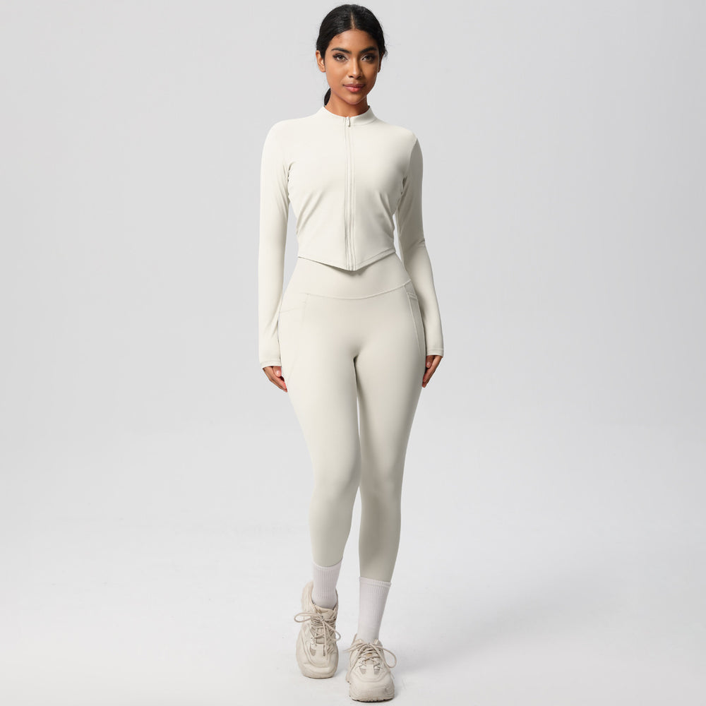 European and american nude feel compression zip-up yoga set - high-waisted pocket quick-dry activewear running fitness two-piece outfit
