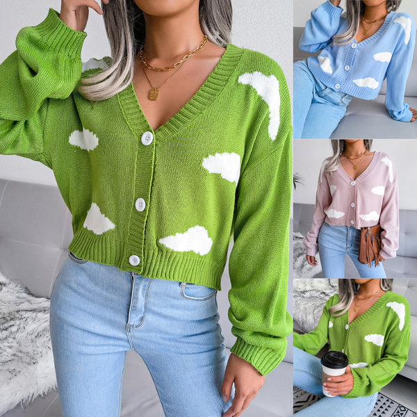 ins wind real autumn and winter new European and American white cloud knitted cardigan sweater, independent station   women's clothing