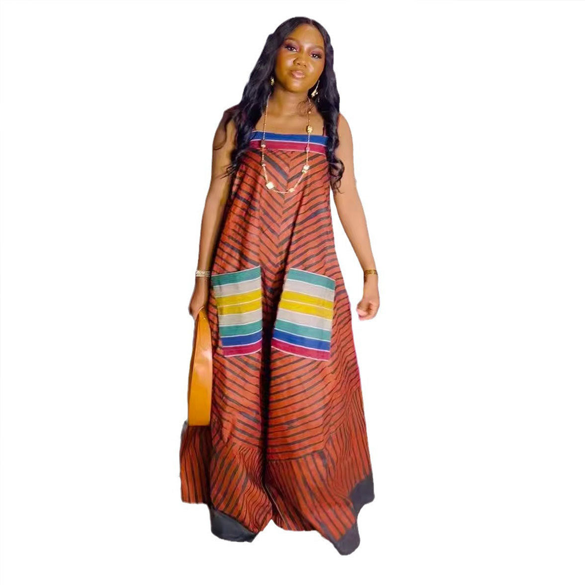 S10819 European and American sexy, printed contrasting colors oversized wide-leg suspender jumpsuit