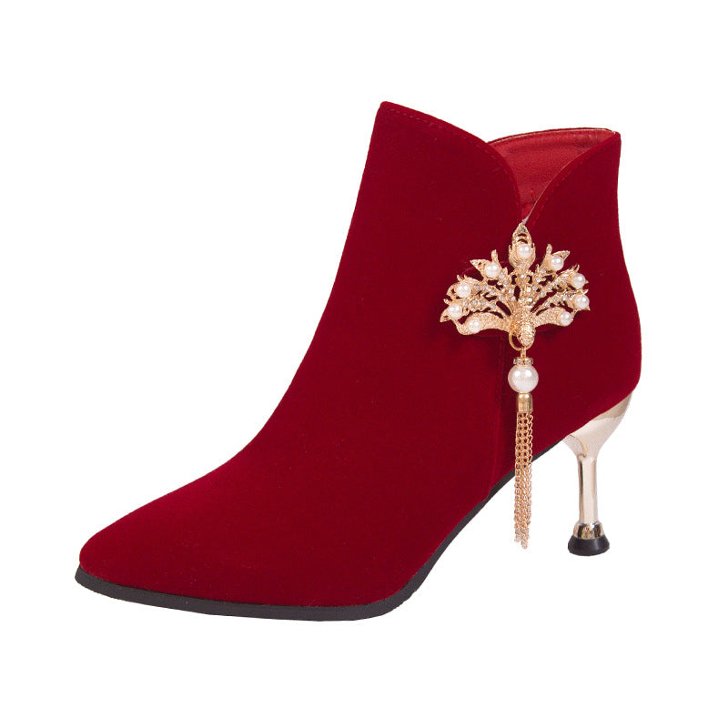 2024 autumn new fashion wine red chinese style wedding shoes high heels comfortable wedding boots bridal martin boots
