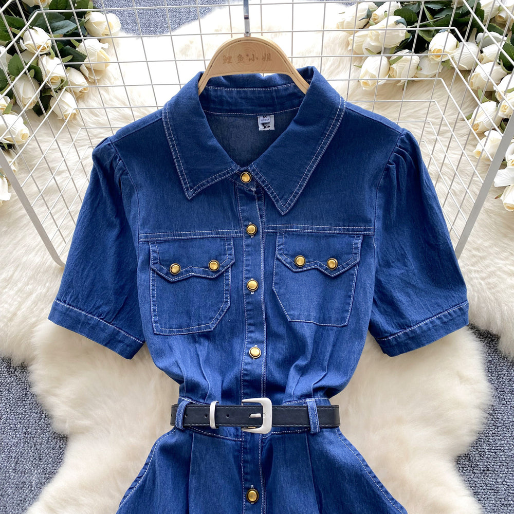 Women's summer commute fashion retro polo collar short sleeve metal single-breasted belted waist slimming denim dress