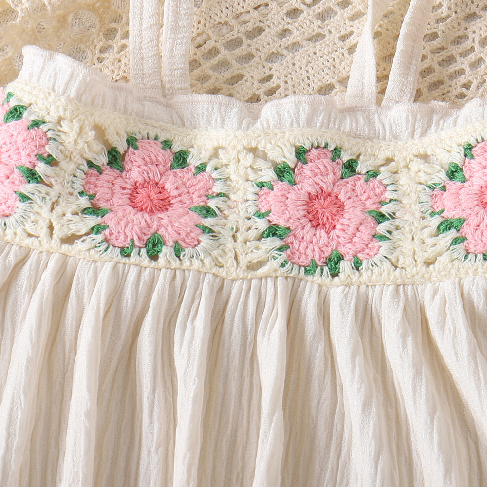 26 summer crochet flower suspender + casual shorts girl cotton and linen western style children's clothing suit wholesale in stock