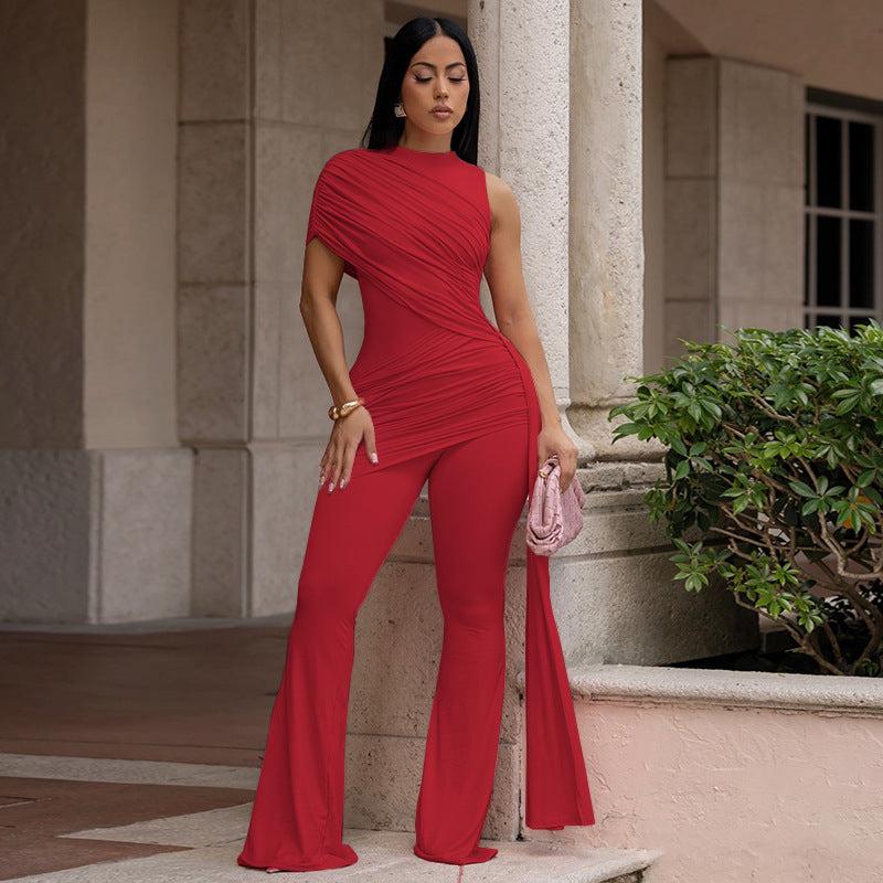 European and american style solid color women's ruched tie-up asymmetrical yoga jumpsuit wide leg high neck one-shoulder bodysuit