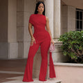 European and american style solid color women's ruched tie-up asymmetrical yoga jumpsuit wide leg high neck one-shoulder bodysuit