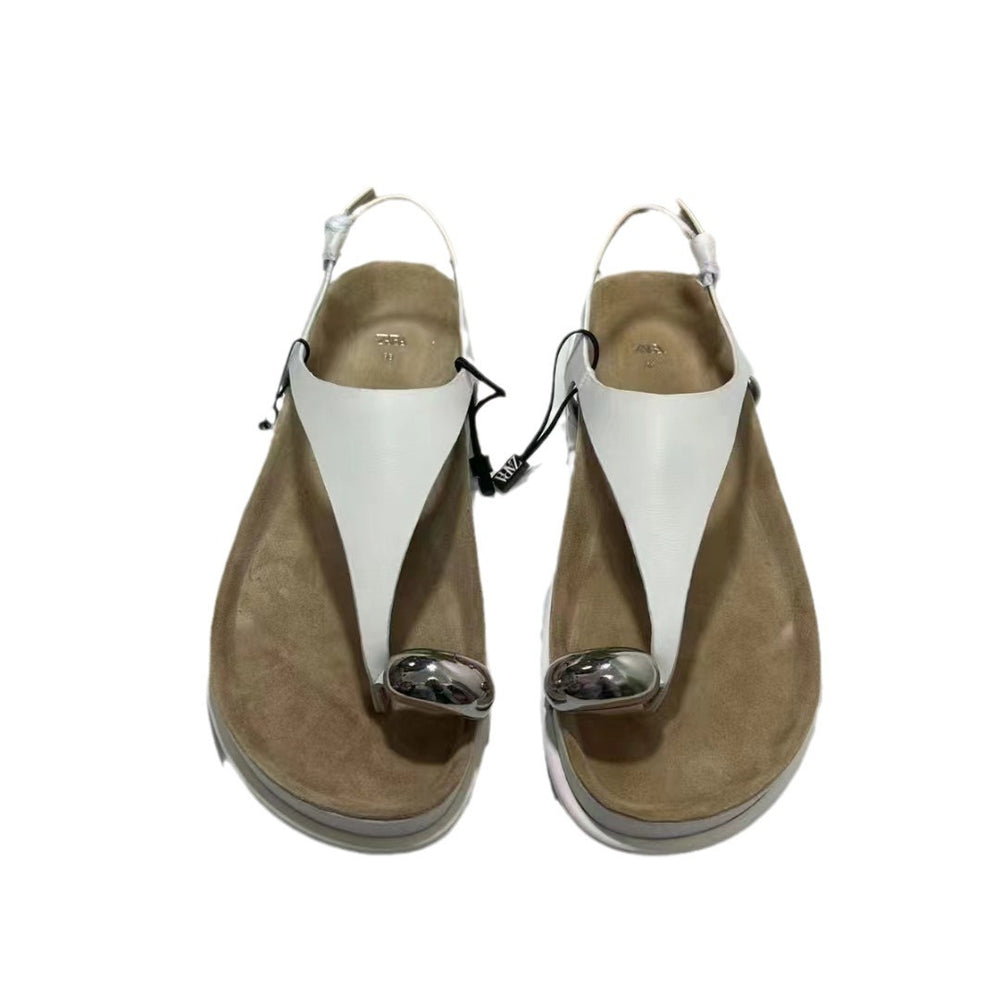 Za new 2024 european and american thick-soled round-toe structured sole angled metal buckle embellished versatile casual sandals for women