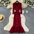 French retro chic v-neck metallic buckle color block long sleeve knit dress - slim fit mermaid maxi dress