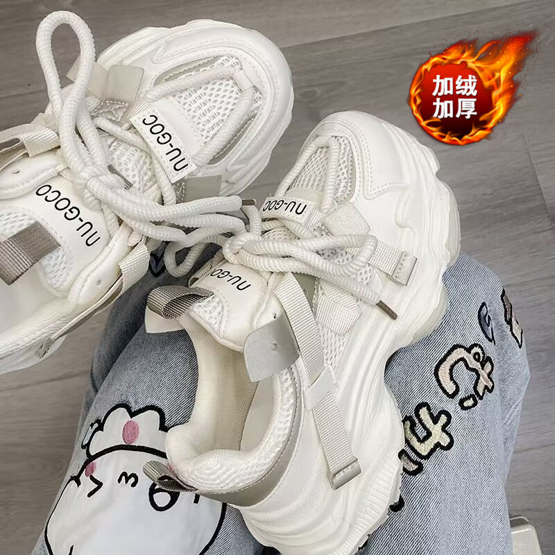 Thick sole dad shoes for women 2026 autumn winternew arrival leather surface heightening two cotton student fleece-linedplatform shoes sneakers cotton shoes