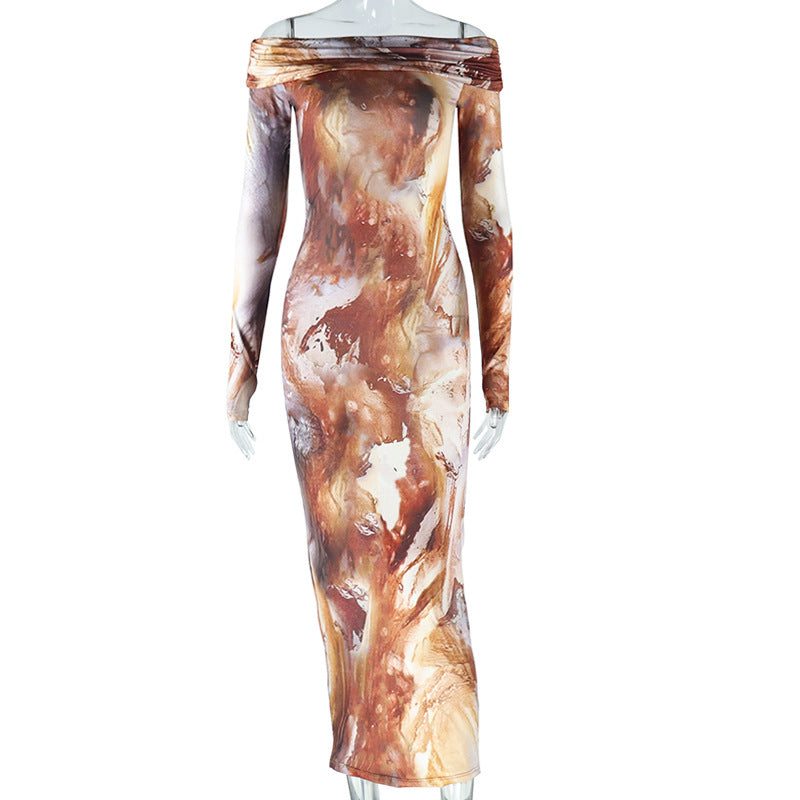 European and american style ins foreign trade women's retro fashion printed one-shoulder long sleeve one-step dress trendy 3d print