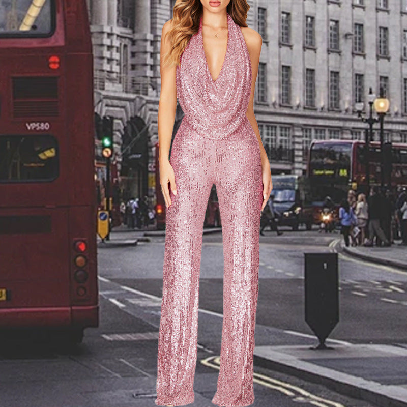 Ready-to-ship european and american new arrivals:   summer cross-border sleeveless halter sequin jumpsuit for women