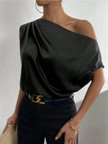 spring solid color satin faux silk asymmetrical one-shoulder off-the-shoulder sleeveless pullover blouse - european & american style women's clothing