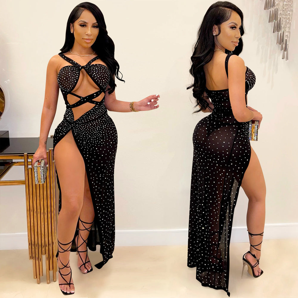 X5349 cross-border new arrival: fashionable european and american style nightclub mesh rhinestone sexy spaghetti strap cutout slit maxi dress