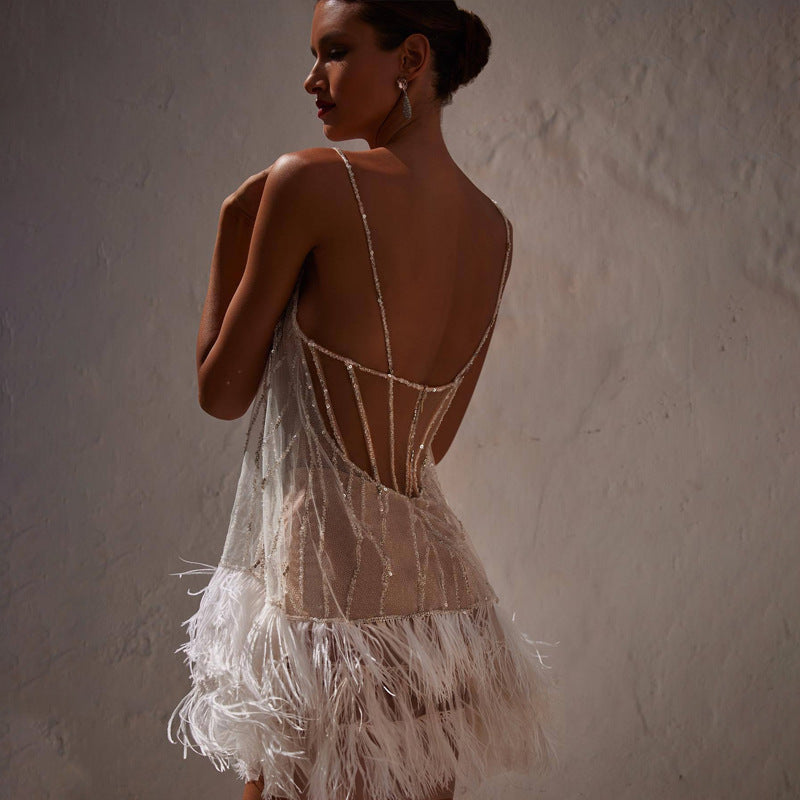 new cross-border fashion: european & american style party dress - sexy backless mini dress with tiered tassels, mesh, and sequin strappy detail