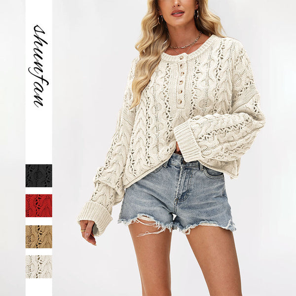New   hot sale 2025 winter button sweater European and American women's clothing solid color pullover short knitted sweater