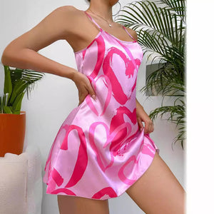 european and american sexy backless satin slip dress, faux silk nightgown, summer heart print pajama dress, women's home wear