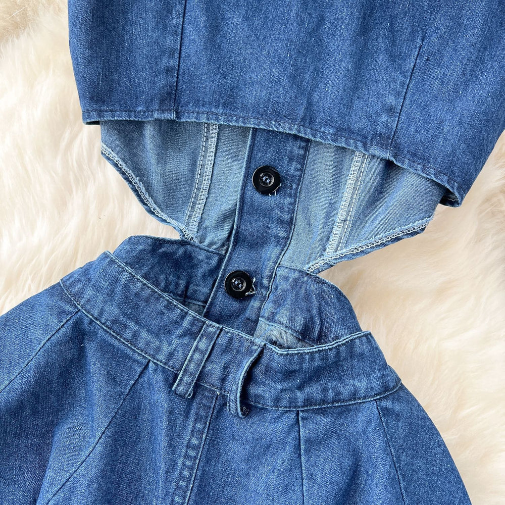 Chic hong kong style retro denim dress - women's designer button-down hollow-out slim fit midi dress with slit and knee-length design