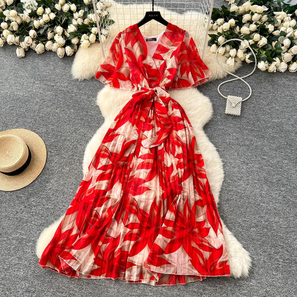 summer new arrival: women's high-end tie-waist v-neck flared sleeve slimming printed chiffon dress