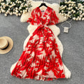 summer new arrival: women's high-end tie-waist v-neck flared sleeve slimming printed chiffon dress