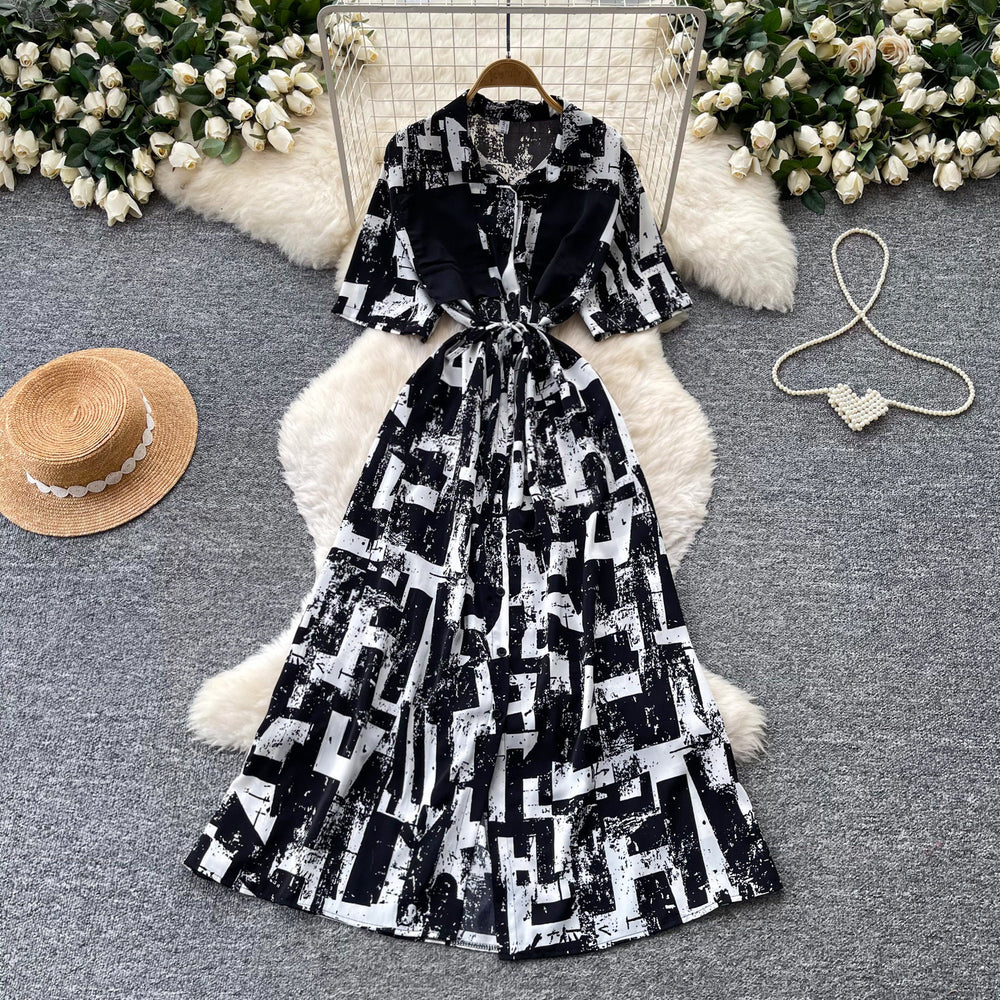 Frenchclassy sense of strap waist printingdress female k-style short-sleeved work clothingv neck a-line elegant long skirt