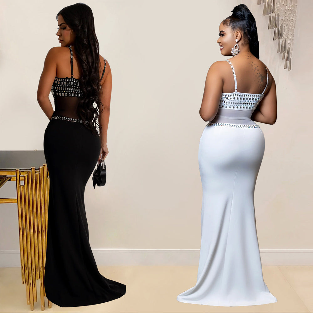 C6989 cross-border   independent station fashionable women's hot diamond mesh dress long skirt new