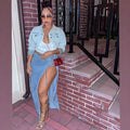 European and american style denim skirt  women's fashion hot girl eyelet tie closure slit long skirt