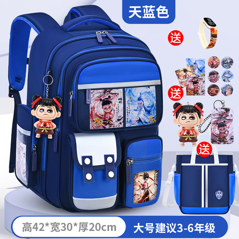 New nezha backpack for boys and girls, grades 1-6: spine protection, lightweight design, and extra-large capacity